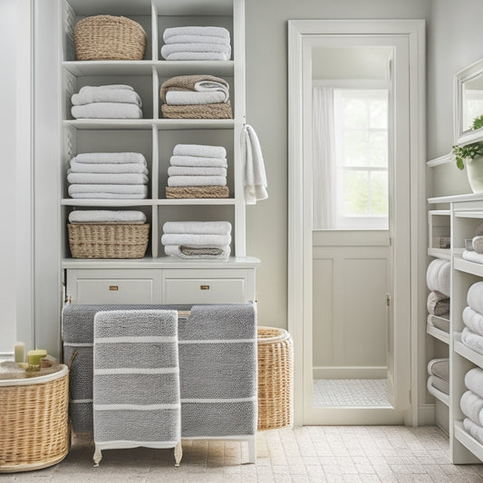 A serene, well-lit bathroom linen closet with stackable woven baskets, matching shelving units, and a few rolled towels in a neat pyramid, surrounded by calming white and soft gray tones.