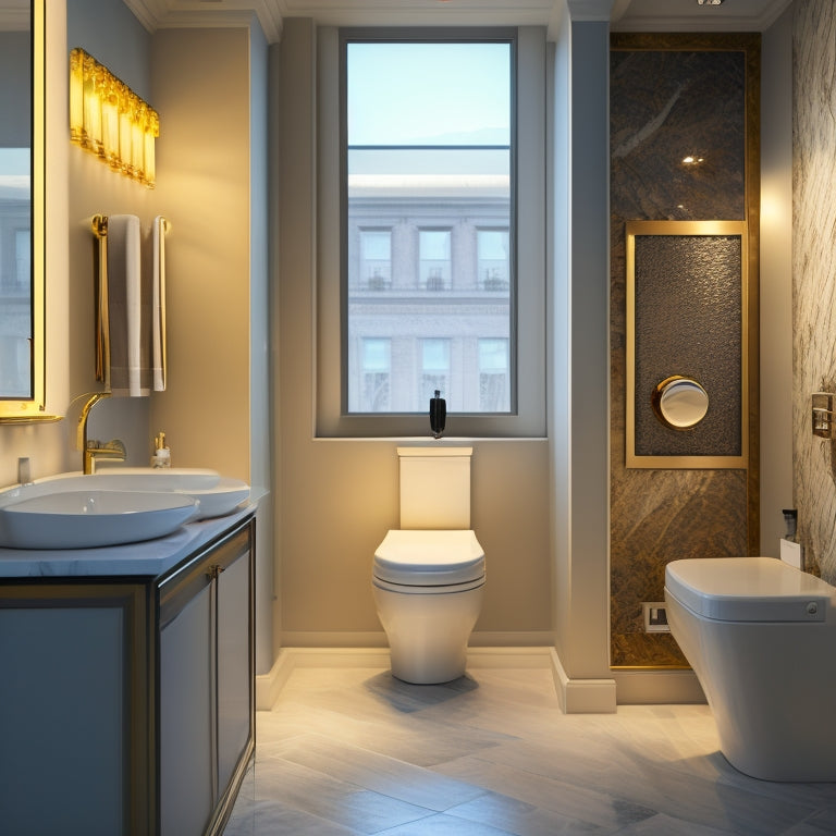 A modern bathroom with three sleek toilets in the background, each with unique designs and shapes, surrounded by marble floors, dimmed lighting, and luxurious decorative elements.