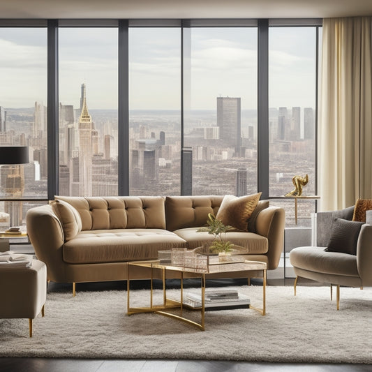 A luxurious living room with a sleek, low-profile sectional sofa in a neutral tone, adorned with velvet pillows, set against a backdrop of floor-to-ceiling windows and a modern cityscape.