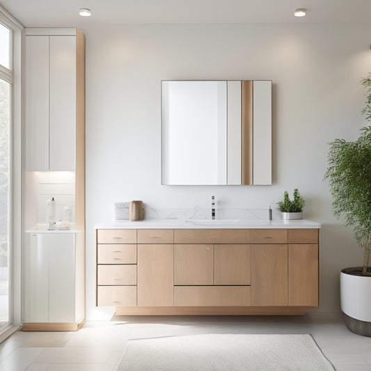 A serene minimalist bathroom featuring sleek wall-mounted cabinets in soft white, accented with natural wood. The space is illuminated by soft, diffused light, highlighting clean lines and a tranquil atmosphere.