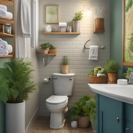 A tidy restroom with a toilet paper holder stocked with multiple rolls, a soap dispenser, a toilet brush, a wastebasket, a box of tissues, and a few decorative plants on a shelf above the toilet.