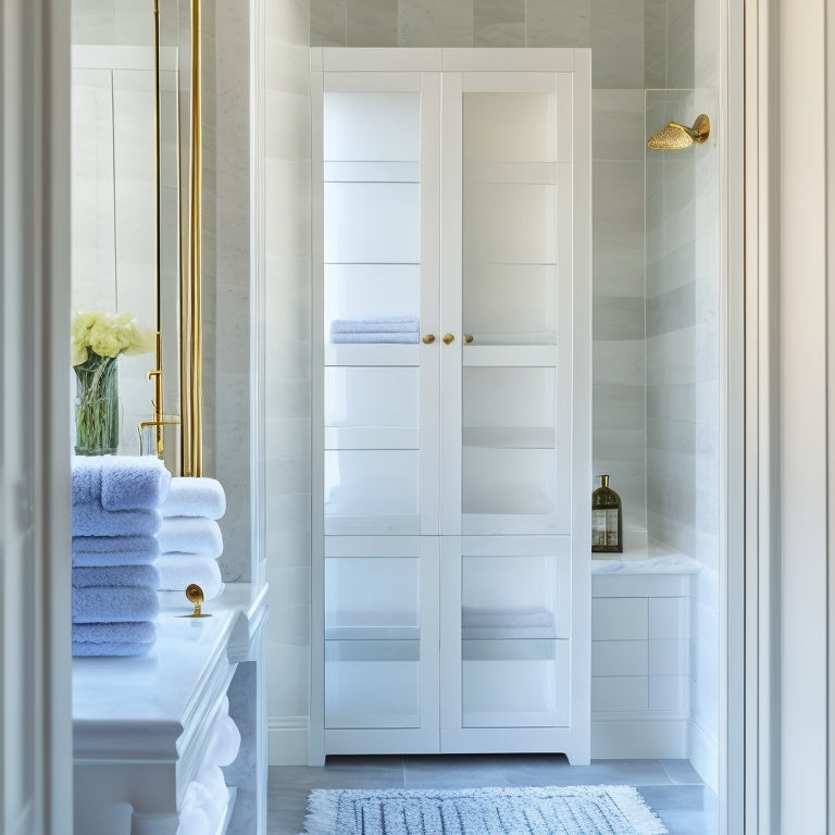 A serene, marble-clad bathroom with a floor-to-ceiling, glass-fronted cabinet featuring neatly stacked, plush white towels, and a delicate, chrome towel ladder leaning against a adjacent wall.
