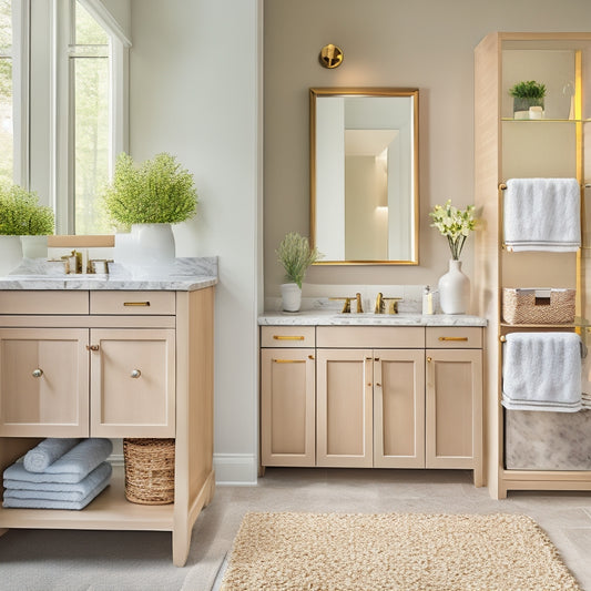A chic bathroom featuring elegant freestanding cabinets, organized with neatly arranged towels, decorative baskets, and stylish toiletries; soft natural light illuminates the space, highlighting a modern color palette and sleek finishes.