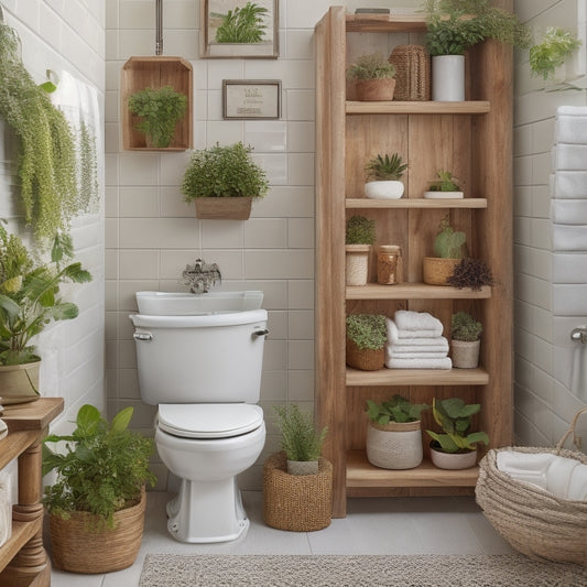 A rustic wood over-the-toilet shelving unit, elegantly crafted with natural grain patterns, adorned with potted plants and neatly organized bathroom essentials, set against a soft, light-colored bathroom wall with vintage tiles.