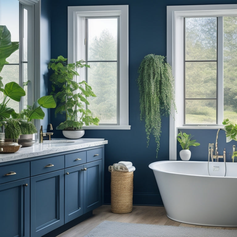 A serene, modern bathroom with dark blue cabinets, white countertops, and a freestanding tub, surrounded by natural light pouring in through a large window with a subtle, leafy view.