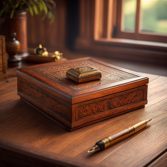 A beautifully crafted wooden storage box with a hinged lid, adorned with intricate carvings and a soft, warm glow, sitting atop a minimalist desk with a few scattered pens and papers nearby.