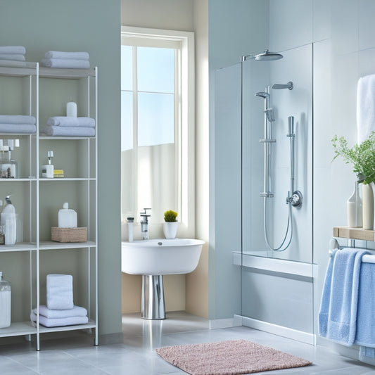 A serene bathroom with white walls, gray floor, and a walk-in shower featuring three corner shelves in a polished chrome finish, holding various bathroom essentials like soap, towels, and lotion bottles.