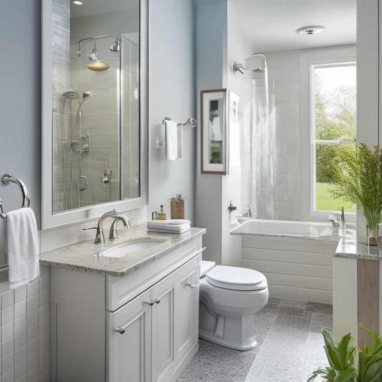 A sparkling clean bathroom with a gleaming white sink, faucet, and toilet, surrounded by spotless mirrors, a clutter-free countertop, and a shower with water droplets glistening on the glass door.