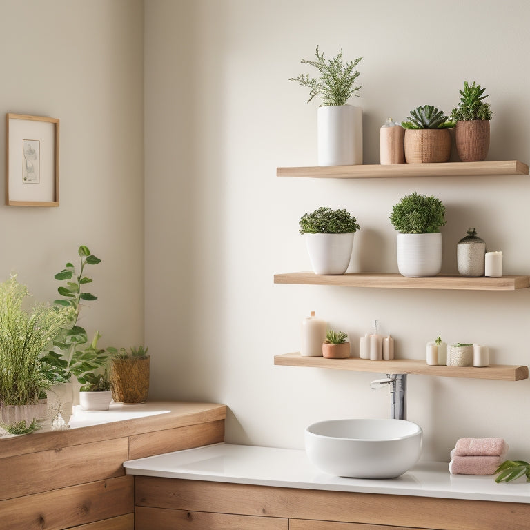 A serene bathroom scene featuring sleek, minimalist floating shelves in natural wood, adorned with potted succulents and elegant white ceramic containers, against a soft pastel wall, with gentle light illuminating the space.