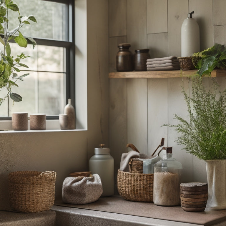 A cozy, modern rustic bathroom featuring reclaimed wood shelves, woven baskets, and minimalist ceramic jars. Soft natural light filters through a frosted window, illuminating greenery and stylish storage solutions against a stone wall backdrop.