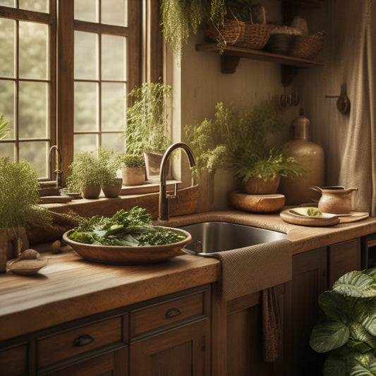 A serene kitchen scene: a rustic wooden sink, crafted from reclaimed oak, sits beneath a window with lush greenery, surrounded by earthy-toned ceramics and a woven jute rug, evoking a sense of eco-friendly harmony.