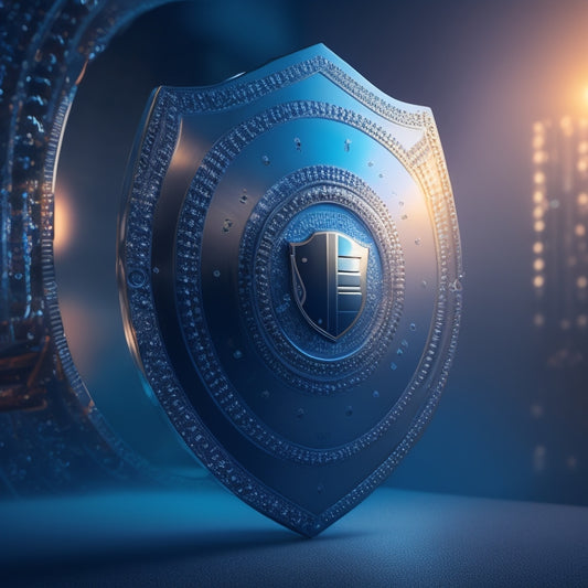 A digital illustration of a shield with a padlock at its center, surrounded by a circle of binary code, with a subtle gradient effect conveying a sense of security and protection.