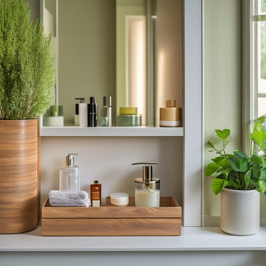 A sleek, contemporary bathroom with a minimalist wooden cabinet organizer, neatly arranged toiletries, elegant glass storage jars, and a potted plant, all set against a calming, neutral-toned backdrop with soft lighting.