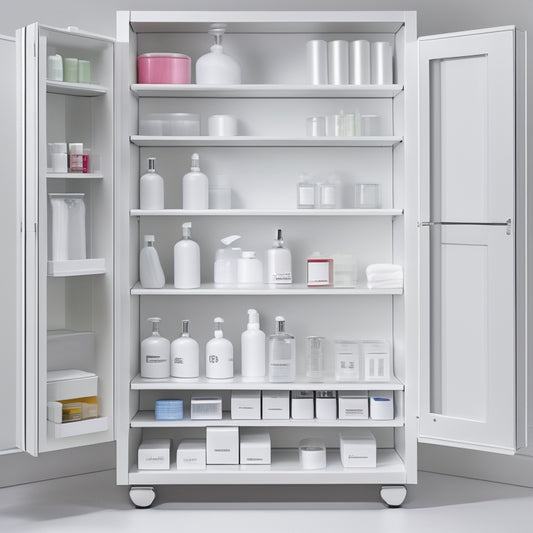 A minimalist, white medicine cabinet with mirrored doors, opened to reveal a neatly organized interior with labeled baskets, tiered shelves, and a rotating medication carousel.