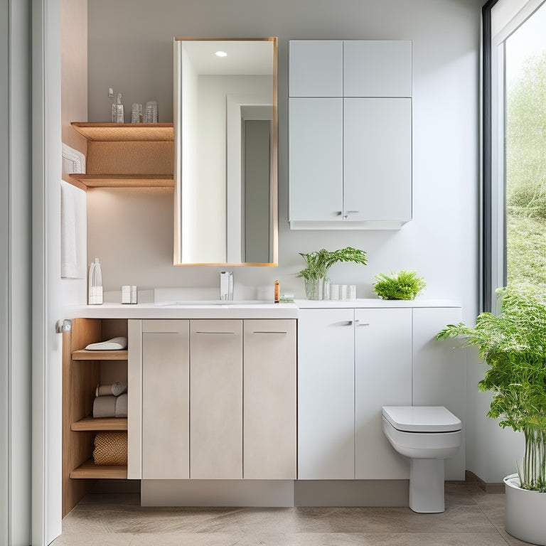 A clean, modern bathroom with a wall-mounted cabinet above the sink, its doors open to reveal organized toiletries and towels, surrounded by sleek fixtures and a minimalist aesthetic.