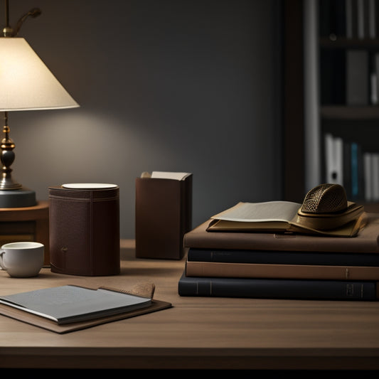 A minimalist workspace with a single, leather-bound book at its center, surrounded by neatly arranged folders, pens, and a small, sleek desk lamp, set against a calming neutral background.