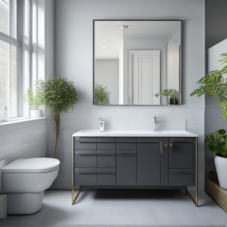 A modern, sleek bathroom with a compact vanity featuring a rounded sink, wall-mounted faucet, and a mirrored cabinet above, surrounded by crisp white walls and dark grey floor tiles.