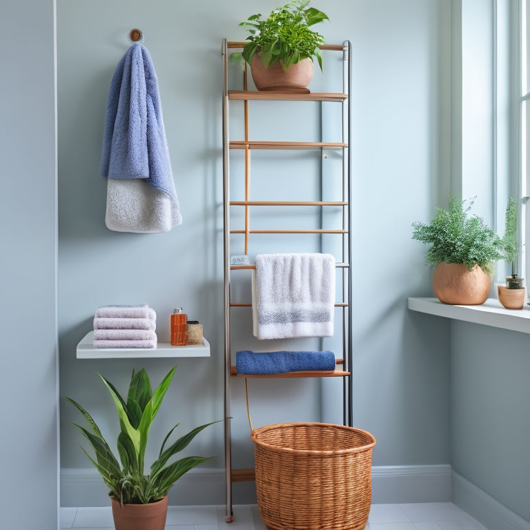 A minimalist bathroom with a sleek, wall-mounted ladder shelf in a polished chrome finish, holding three woven baskets, a potted plant, and a few rolled towels, against a soft gray background.