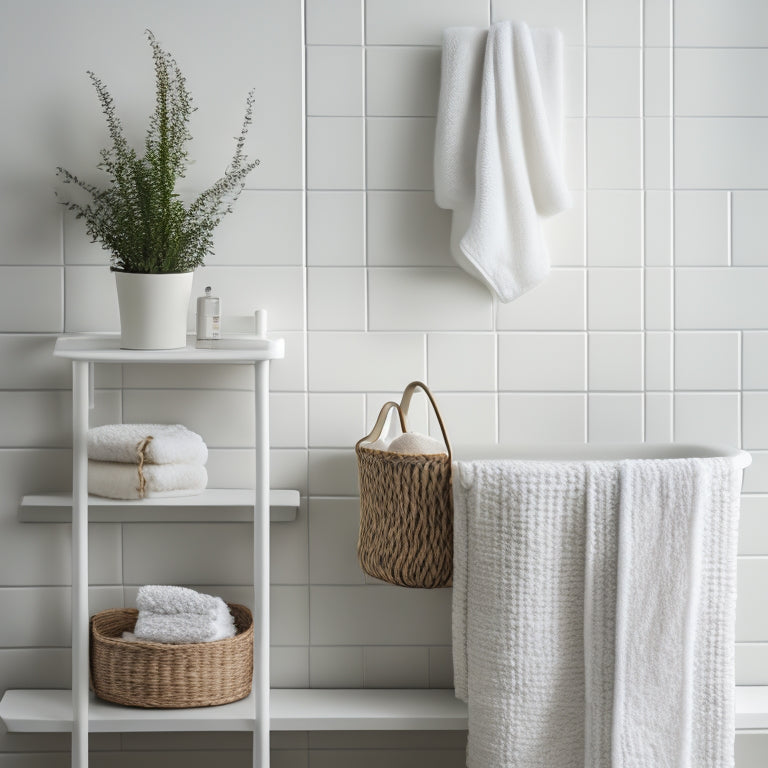 A serene, white, and minimalist bathroom with a wall-mounted shelf organizer, holding three woven baskets, a decorative vase, and a few rolled towels, against a soft, gray background.