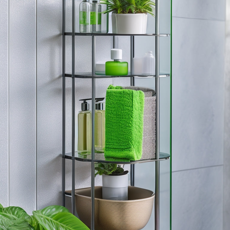 A sleek, minimalist shower caddy with multiple tiers, elegantly suspended from a glass shower wall, surrounded by lush green plants, shimmering water droplets, and modern toiletries in stylish containers for a contemporary, space-saving aesthetic.