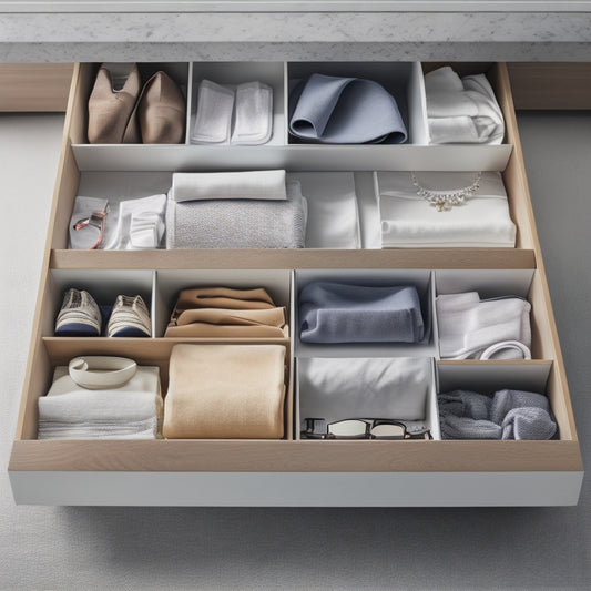 A serene, minimalist drawer interior with three compartments: a left section with neatly rolled socks, a middle section with stacked, folded t-shirts, and a right section with a small, organized tray holding jewelry and accessories.