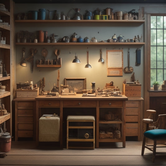 A well-lit, clutter-free workshop with a half-assembled bookshelf, various tools and hardware laid out on a wooden workbench, and a faint grid pattern on the wall in the background.