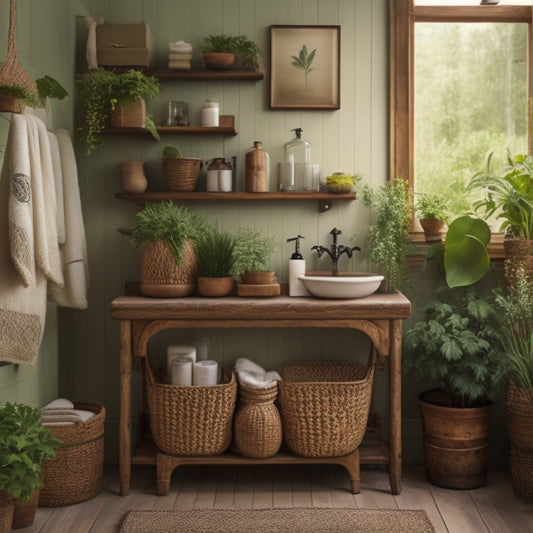 A cozy vintage bathroom featuring rustic wooden shelves filled with glass jars of natural toiletries, potted herbs, and woven baskets, surrounded by soft green plants and retro fixtures, creating an inviting eco-friendly ambiance.
