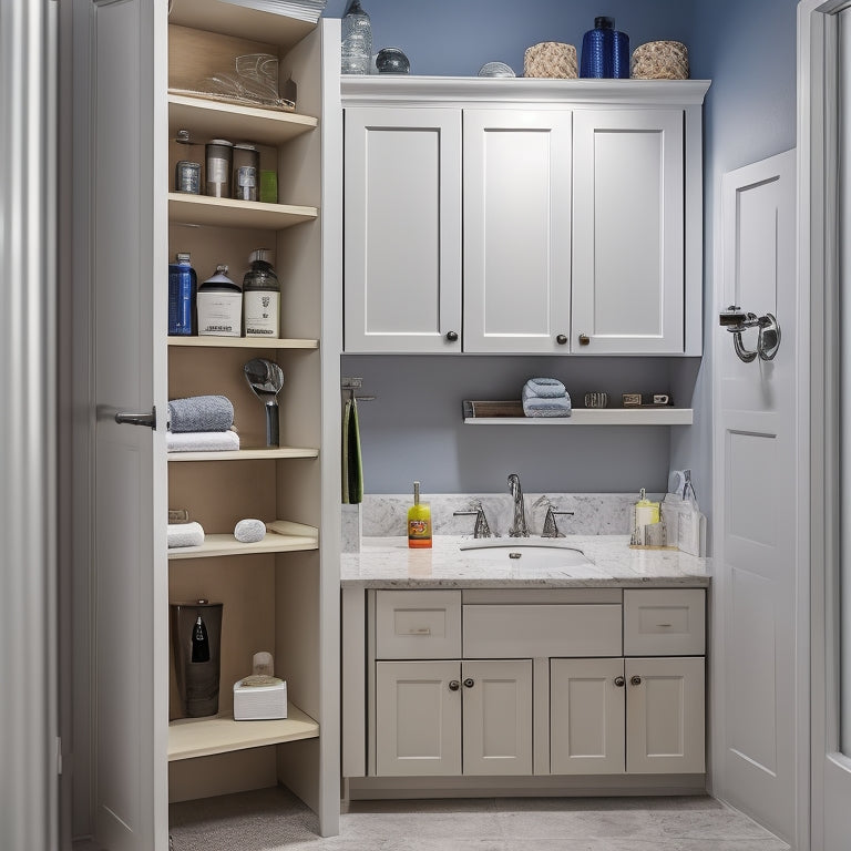 A partially installed bathroom storage cabinet with a recessed design, surrounded by drywall and exposed wiring, with a drill and level on the adjacent countertop.
