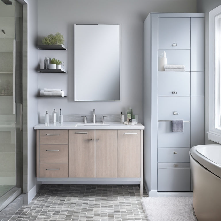 A sleek, modern bathroom featuring a wall-mounted sink cabinet with a mirrored door, soft-close drawers, and a built-in shelves for storing toiletries and towels, set against a calming gray background.