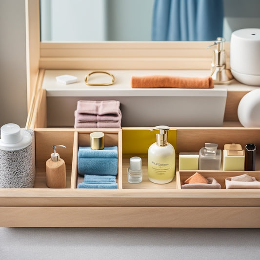 A beautifully organized bathroom drawer showcasing sleek wooden dividers, neatly arranged toiletries, and vibrant color-coordinated accessories, all set against a backdrop of a modern bathroom with soft lighting and minimalistic decor.