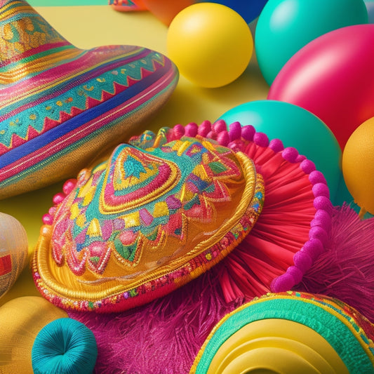 A vibrant illustration of a colorful sombrero, surrounded by festive maracas, piñatas, and vibrant balloons in shades of red, green, and yellow, set against a warm, sunny background.