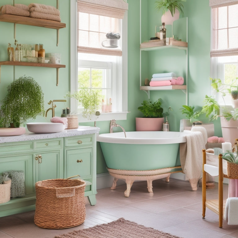 A vintage-inspired bathroom with pastel-colored cabinets, wicker baskets, and wooden shelves adorned with retro toiletries, surrounded by potted plants and a classic clawfoot tub, creating a serene, organized, and clutter-free atmosphere.