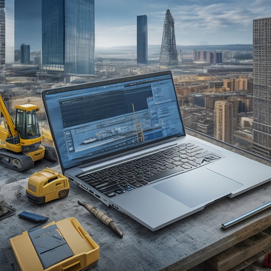 A laptop screen displaying a construction site blueprint, surrounded by scattered hard hats, tool belts, and building blocks, with a subtle background of city skyscrapers and a faint blueprint grid.