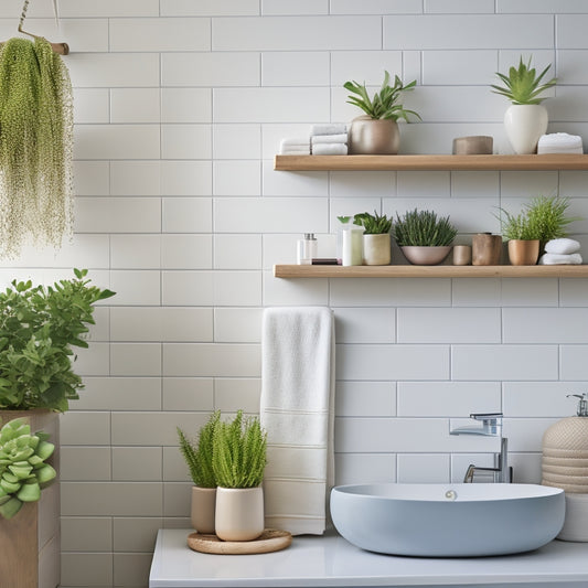 Create an image of sleek, minimalist floating shelves in a modern bathroom, adorned with potted succulents, neatly stacked towels, and elegant toiletries against a light-colored tiled wall and soft, ambient lighting.