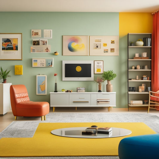 A minimalist, modern room with a large, wall-mounted screen displaying a 2D floor plan, surrounded by various furniture icons and a few colorful, swirling design elements in the background.