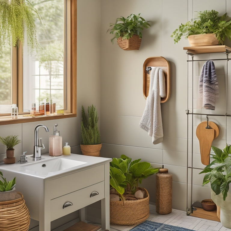 A cozy small bathroom with sleek, wall-mounted shelves filled with neatly organized toiletries, stylish baskets under the sink, a compact ladder for towels, and a round mirror reflecting vibrant plants for a fresh touch.
