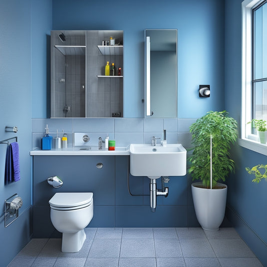 An illustration of a modern bathroom with a toilet-sink combo unit against a sleek gray wall, with tools and plumbing components scattered around, and a few droplets of water splashing around the sink basin.