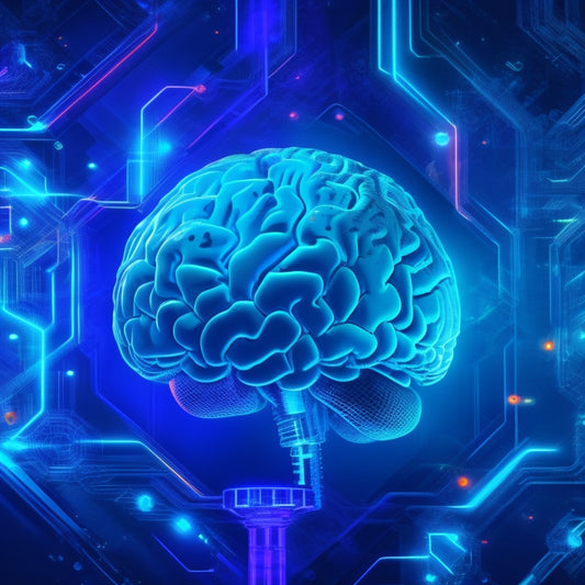 A futuristic, neon-lit brain with glowing blue circuits and sparks, surrounded by orbiting gears, cogs, and puzzle pieces, set against a dark, gradient blue background with subtle, swirling patterns.