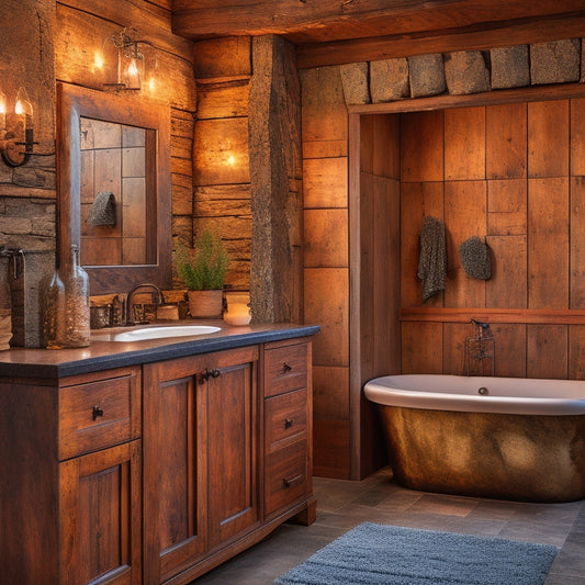 A warmly lit, rustic bathroom featuring distressed wood cabinets with ornate metal hardware, surrounded by natural stone walls, reclaimed wood accents, and a freestanding tub.