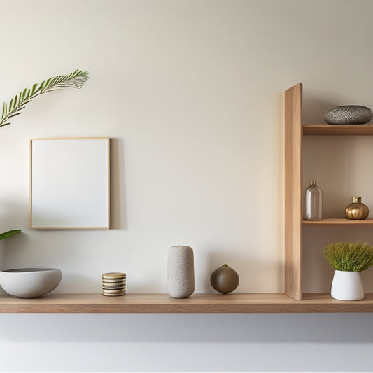 A minimalist, modern room with sleek, wall-mounted shelves in a natural wood tone, holding a few, carefully curated decorative objects, surrounded by empty space and plenty of natural light.