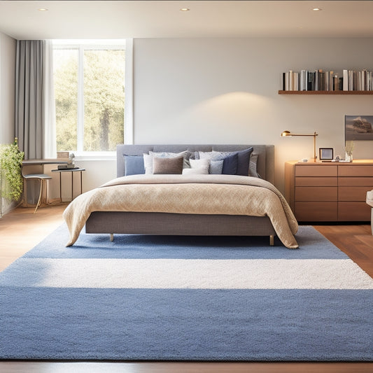 A serene, minimalist bedroom with a plush area rug, a floating desk with a hidden compartment, and a storage ottoman at the foot of a sleek, low-profile bed frame.