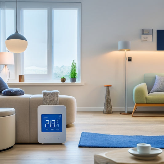 An illustration of a modern living room with various temperature monitoring devices, such as a digital thermostat, thermometer, and smart plug, alongside a subtle temperature gradient background.