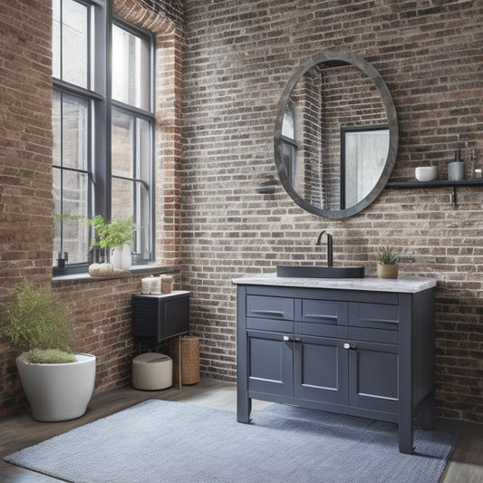 A sleek, modern industrial bathroom with a dark wood vanity cabinet featuring brushed metal accents, a matte black sink, large round mirror, exposed brick walls, and soft ambient lighting creating a warm atmosphere.