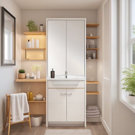 A modern bathroom with a wall-mounted medicine cabinet featuring three adjustable shelves, a mirrored door, and soft-close hinges, surrounded by sleek white countertops and warm beige walls.