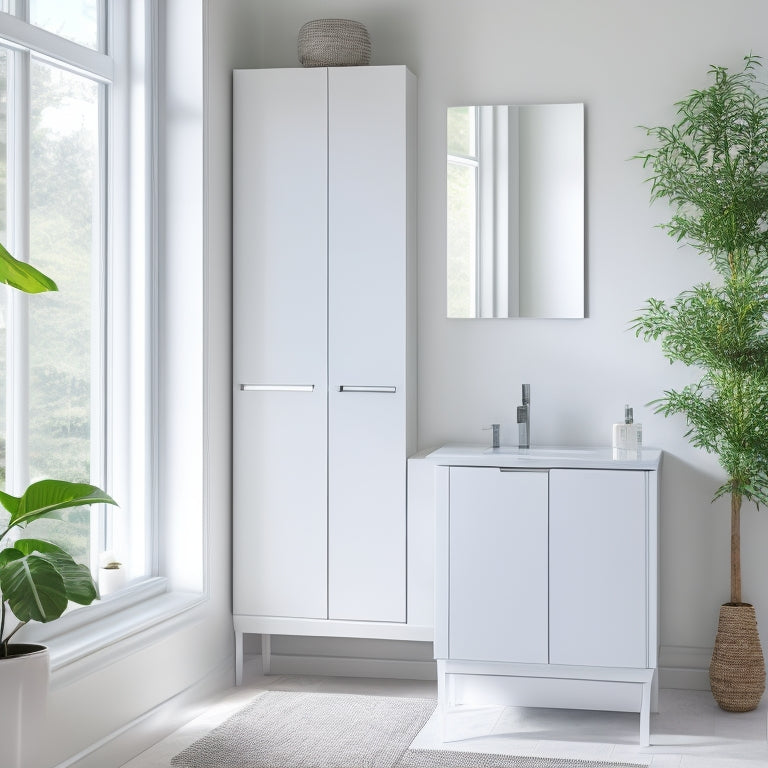 A sleek, modern slim bathroom cabinet in a narrow space, featuring clean lines, soft white finish, and minimalist chrome handles. Surrounded by light, airy decor, with soft towels and greenery accenting the space.