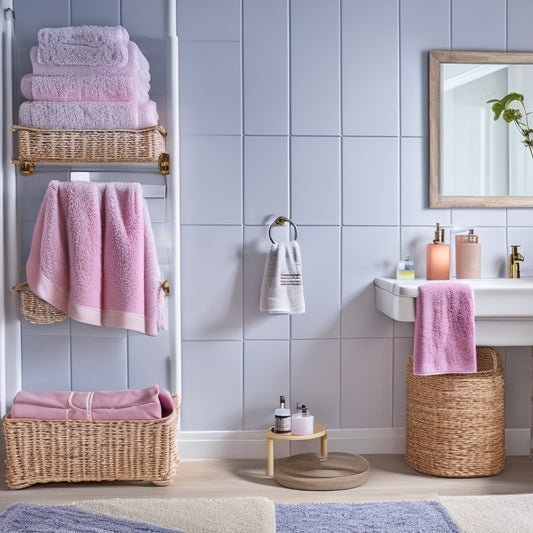 A cozy bathroom scene featuring sleek wall-mounted shelves with neatly rolled towels, a compact ladder rack displaying colorful bath linens, and a stylish basket under a floating vanity, all in soft, inviting colors.