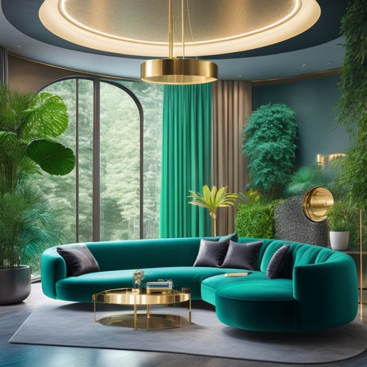 A futuristic, minimalist living room with sleek, curved lines, plush velvet sofas, and a statement light fixture suspended from a geometric ceiling, surrounded by lush greenery and metallic accents.