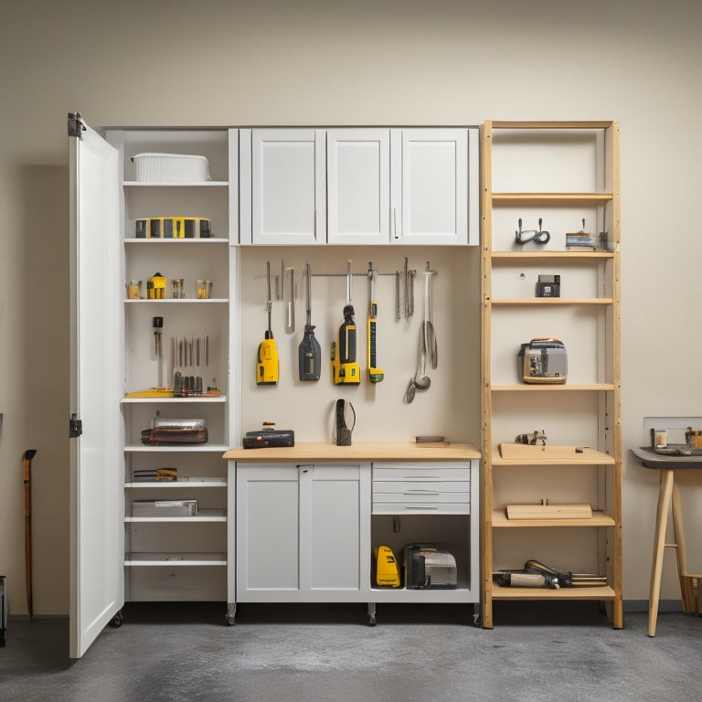 A clean and well-lit workshop with a wall cabinet on a white background, surrounded by tools and materials, including a drill, level, measuring tape, shelves, and screws, in mid-installation process.