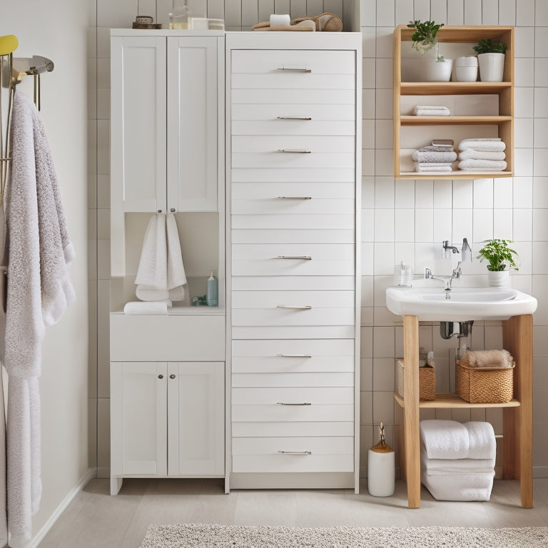A bright, modern bathroom with a white cabinet door open, revealing a neatly organized interior with rolled towels stacked vertically, separated by wooden dividers, and a few hung on hooks.