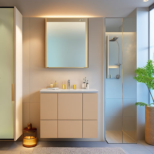 A modern bathroom with a wall-mounted cabinet featuring soft-close drawers in a combination of rectangular and curved shapes, surrounded by sleek, minimalist fixtures and a large mirror.